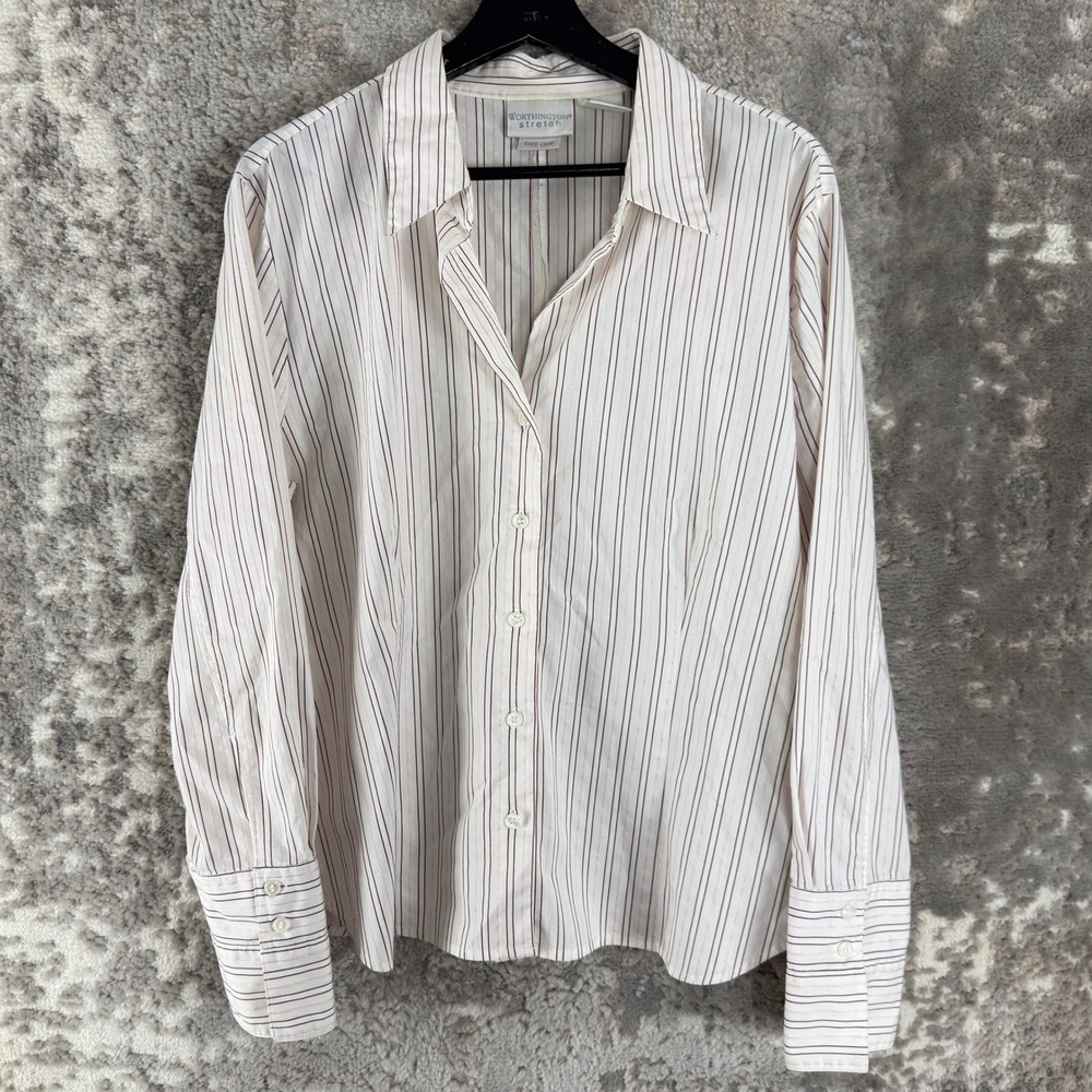 Worthington Plus Size 18 Striped Stretch Easy Care Button Down White LS Women